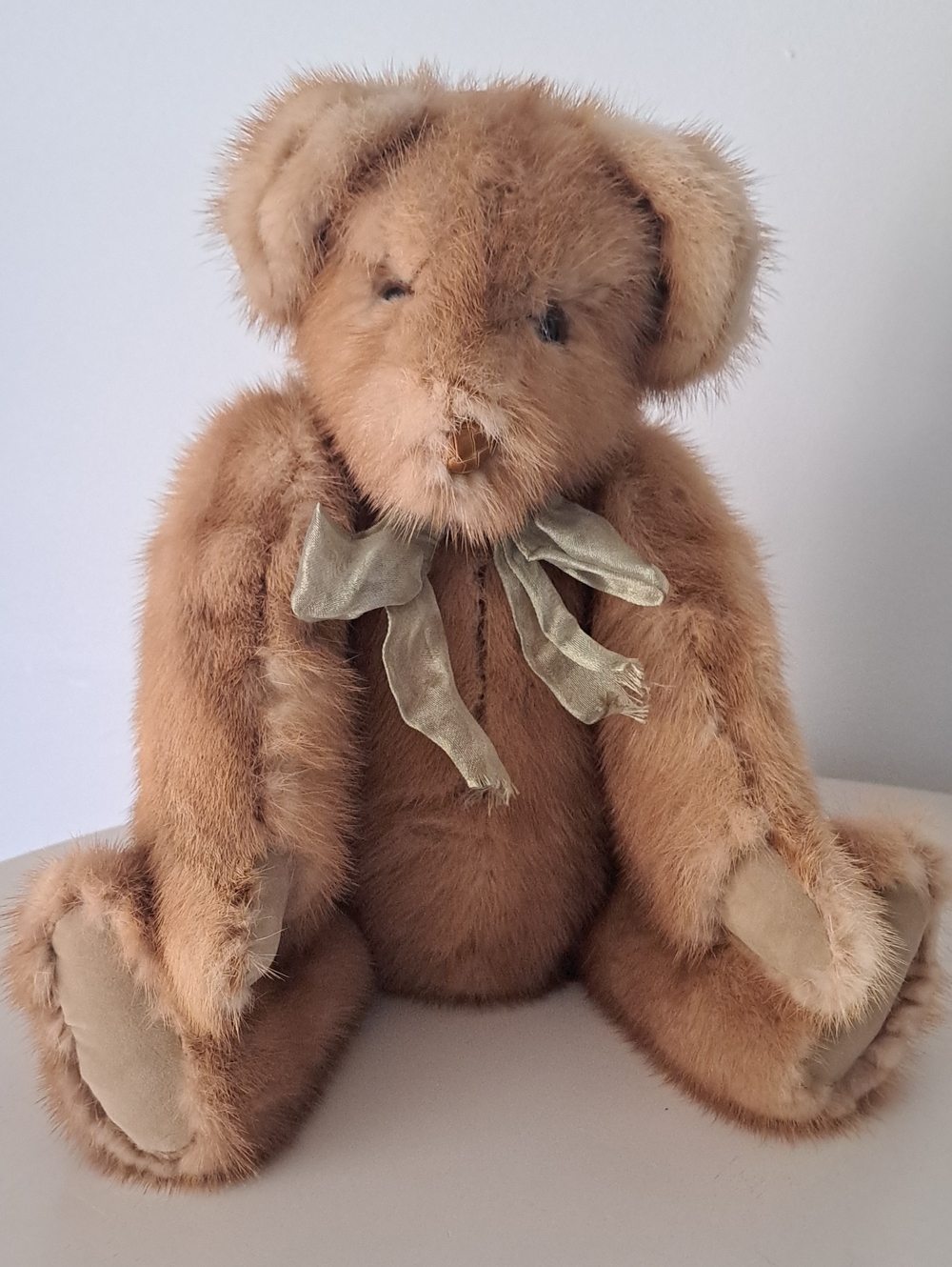 Vintage Recycled Real Fur Brown Teddy Bear with Bow    HANDMADE